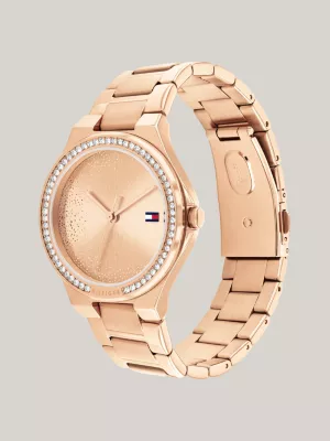 Relógio de pulso com pulseira banhada a ouro rosa e adornada com cristais
