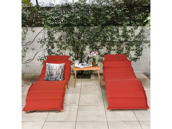 Chaise Longue Pliante en Bois Massif, Bain de Soleil avec Coussin Rembourré à Double Face et Appui-Tête Pliable, Chaise d'Extérieur à Lattes pour Jardin, Pelouse, Piscine, Charge 180 KG