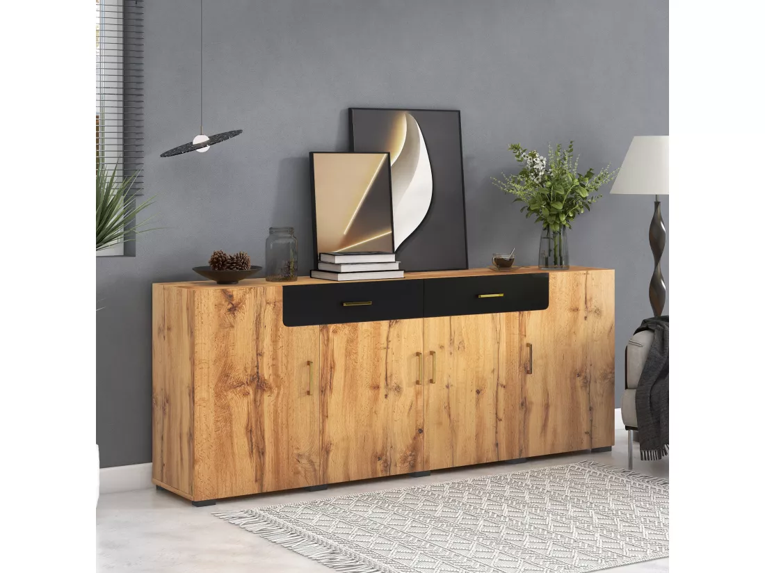 Buffet effet bois et noir 4 portes 2 tiroirs poignées dorés 208x39,5x80cm HERNON