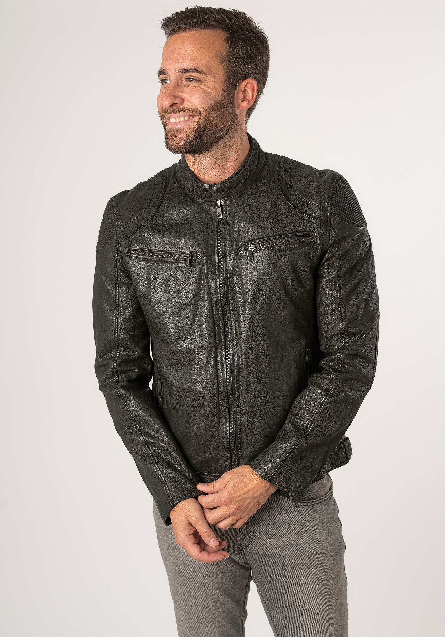 Mauritius Lederjacke »MMCollins« mti Reissverschluss, Stehkragen, Ziersteppung
