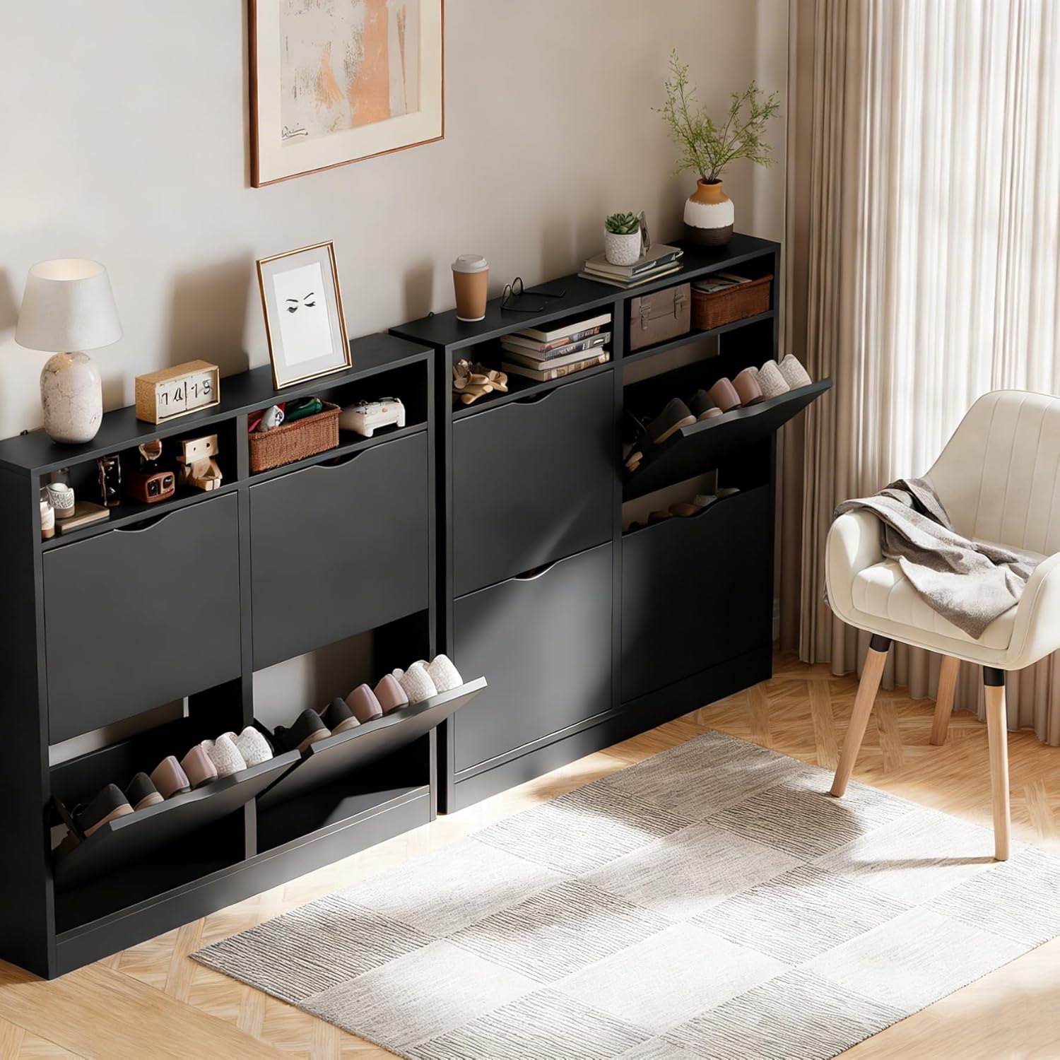 ELUCHANG Schuhschrank schmal mit 4 Klappen Platzsparender, Geschlossen Schuhregal Schuhkipper Schuhkommode mit 4 Ablagen, Shoe Cabinet Flurschrank für Diele/Flur/Garderobe, Schwarz