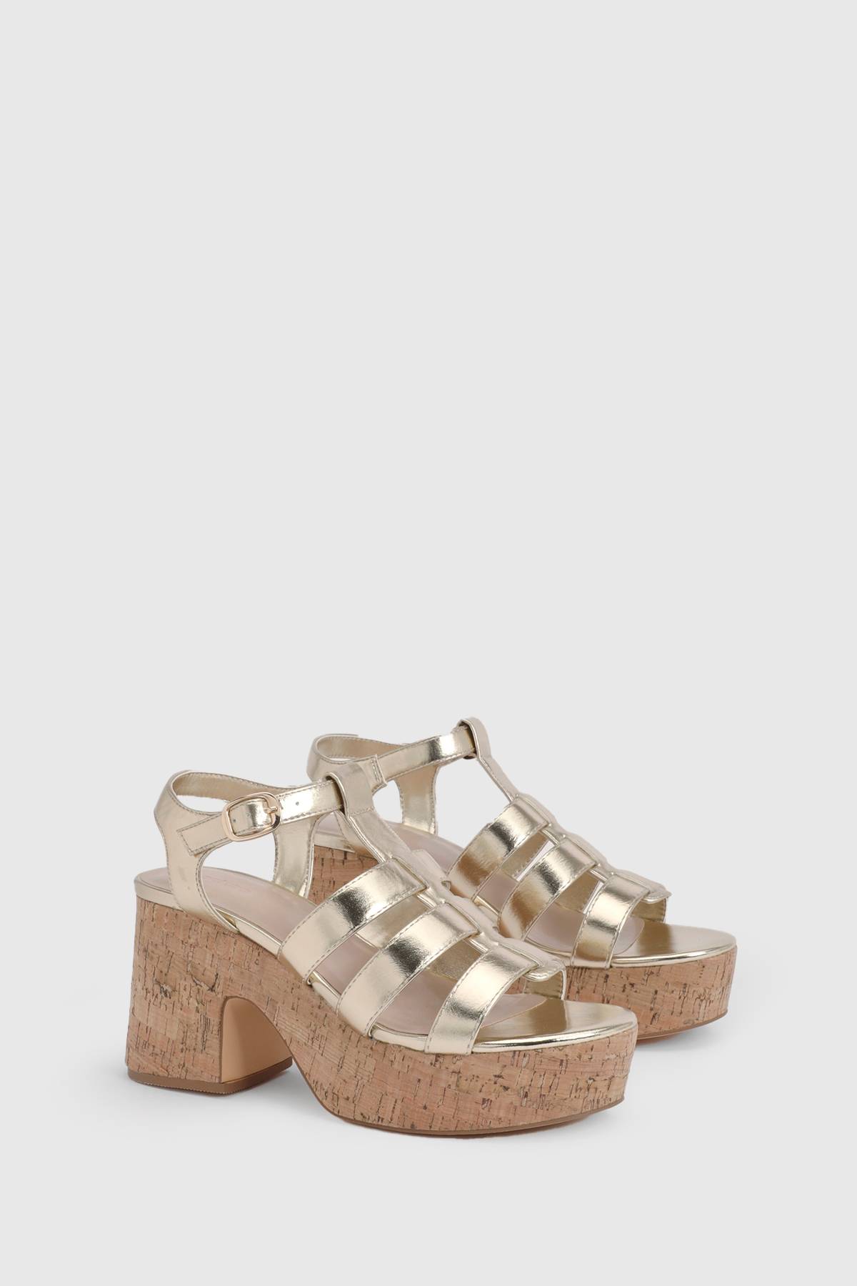 boohoo Compensées En Liège Style Gladiateur Métallisées