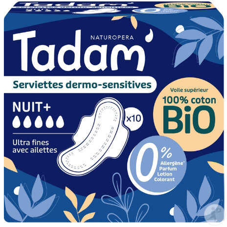 Tadam Serviettes Écologiques Dermo-Sensitives Avec Ailettes Ultra Nuit+ Pièces 10