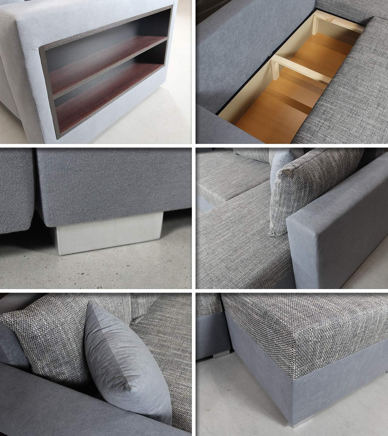 Ecksofa Lord mit Regal und Schlaffunktion - Sofa mit Bettkasten, Schlafsofa, Polsterecke, Couch L-Form, Couchgarnitur, Sofagarnitur (Schwarz + Grau (Dolaro 08 + Berlin 01), Ecksofa Rechts)