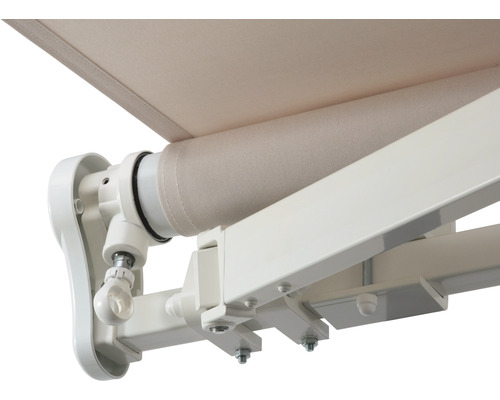 SOLUNA knikarmscherm Proof 2,5x2 Stoffen design 7559 Frame RAL 9010 Zuiver wit Aandrijving rechts incl. slinger
