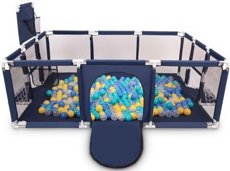 Selonis Grote Speeltuin Met Plastic 200 Ballen Babybox, Marineblauw:Turkoois/Blauw/Geel/Transparant