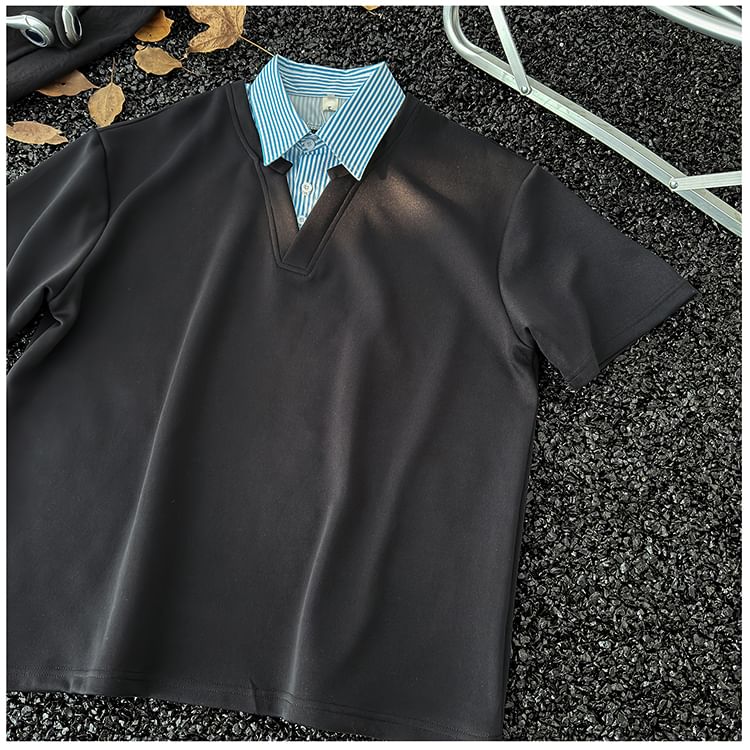 Mimiyox - Mock tweedelig T-shirt met korte mouwen en strepenkraag