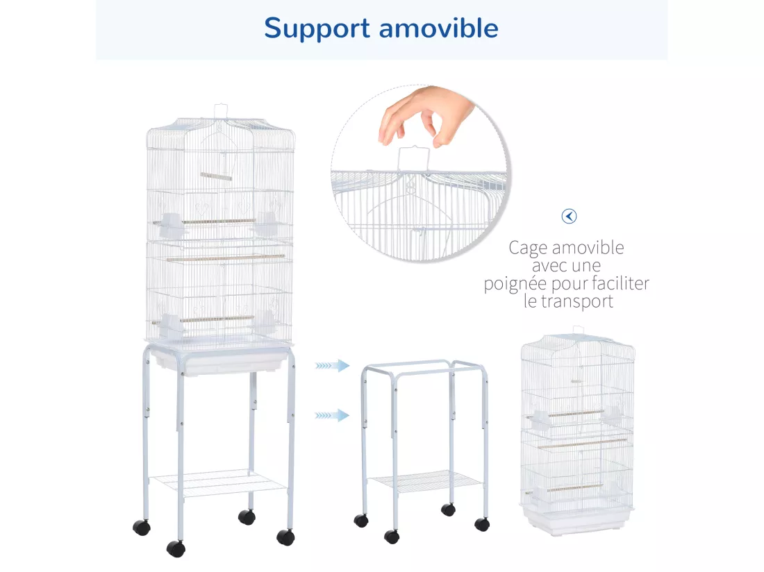 PawHut Cage à oiseaux sur pied volière oiseaux sur roulettes avec toit ouvrant 3 perchoirs étagère inférieure 46,5 x 36 x 157 cm