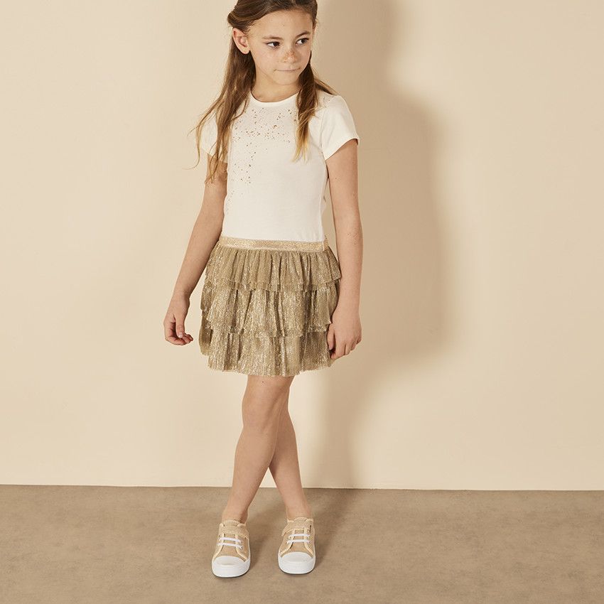 Robe manches courtes effet 2 en 1 en tulle plissé pour fille - Ecru