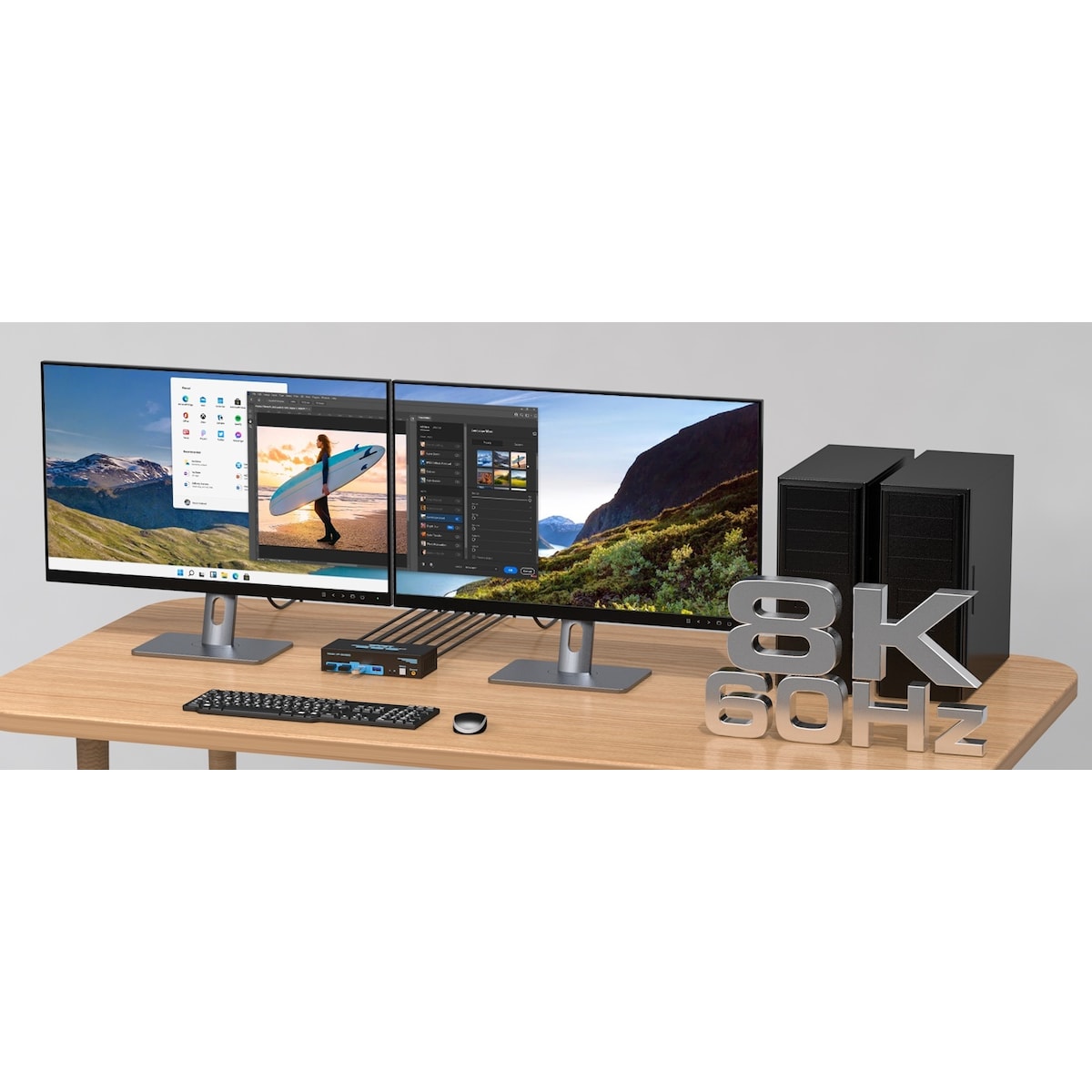 NÖRDIC KVM-svitsj 2 til 2 DisplayPort til DisplayPort, 8K60Hz/4K120Hz, 4x USB-A