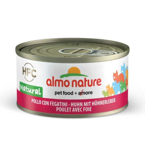 Almo Nature HFC frango com fígado em lata, 70g, para gatos.