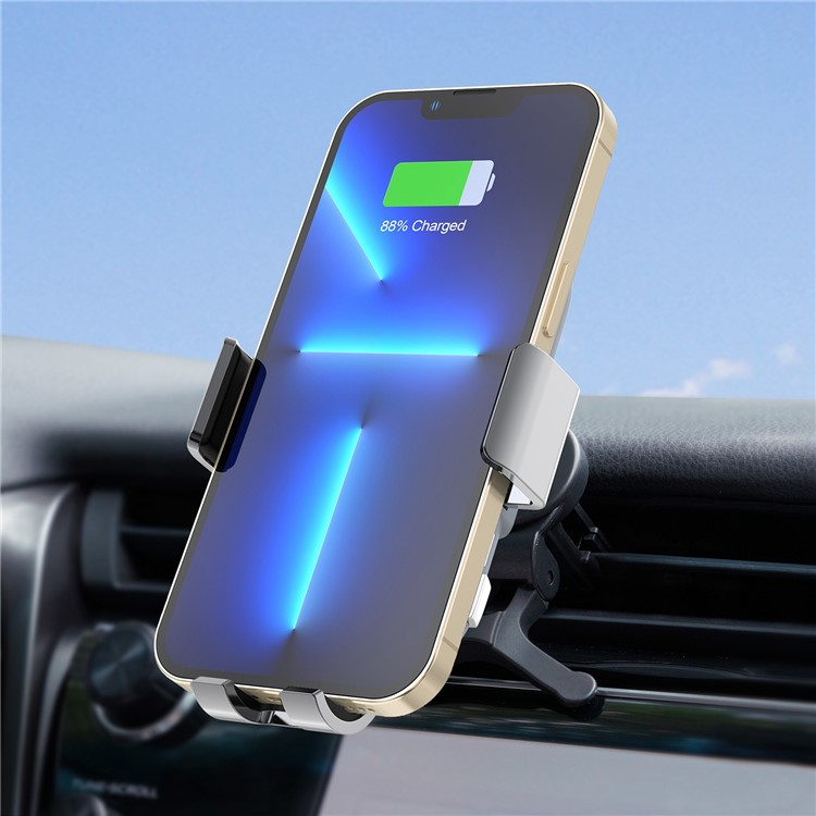 (15W) Universal Qi Wireless Charge Auto KFZ Handy Halterung Ladegerät mit Wärmeableitungsfunktion für Lüftungsgitter / Armaturenbrett - Silber / Schwarz