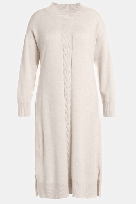 Strickkleid, Zopfmuster, Oversized, Stehkragen, Langarm