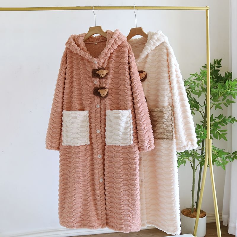MelMount - Hooded Coral Fleece Bear Button Robe
