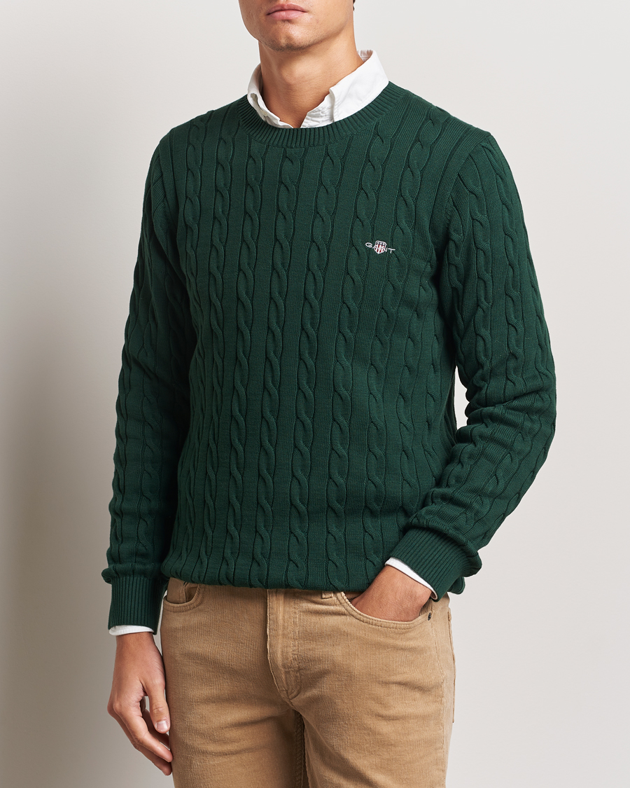GANT Cotton Cable Crew Neck Tartan Green