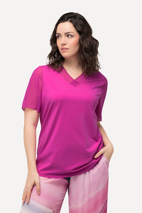 T-Shirt, Chiffon-Blende, V-Ausschnitt, Chiffon-Halbarm