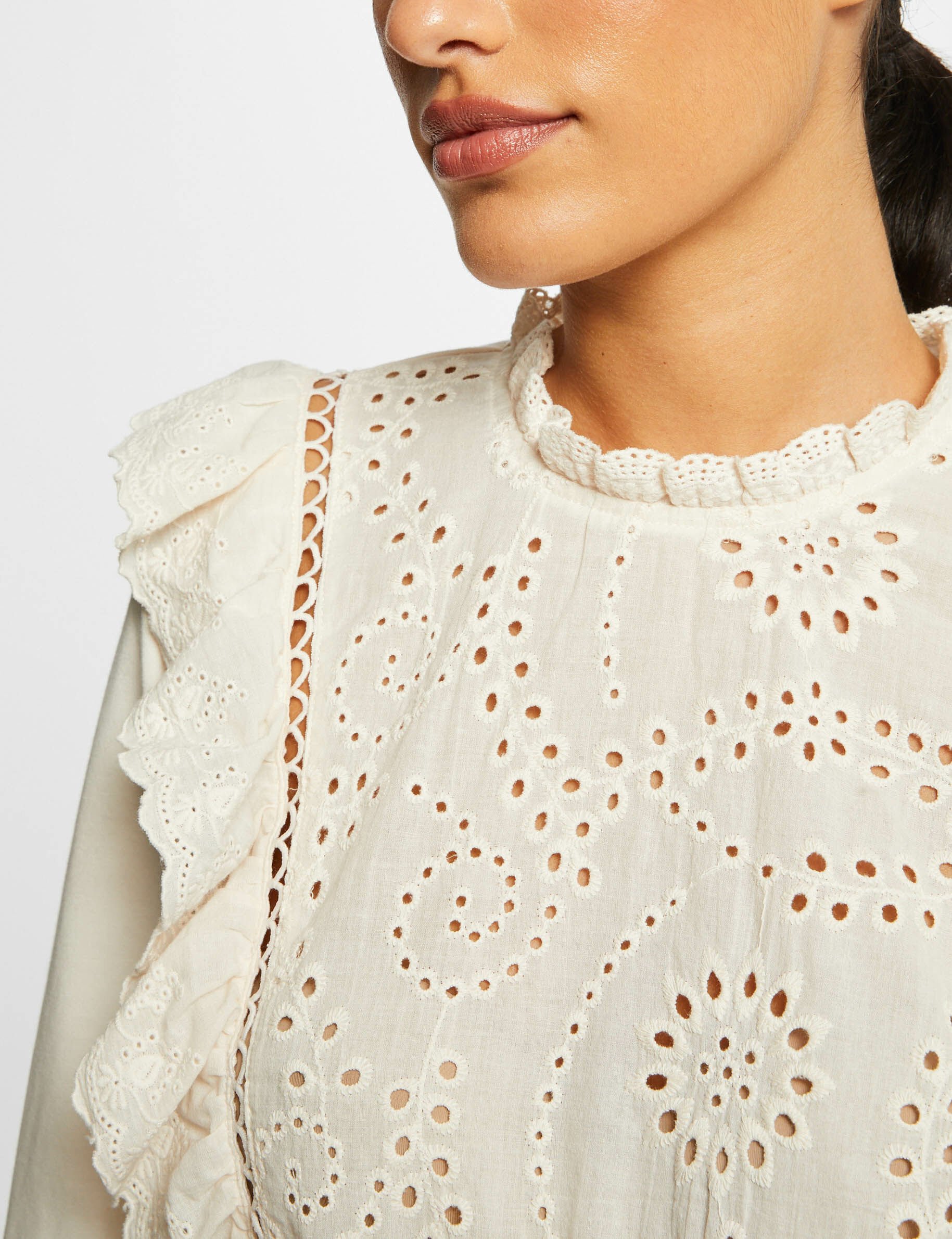 T-shirt manches 3/4 avec broderie ivoire femme - ivoire