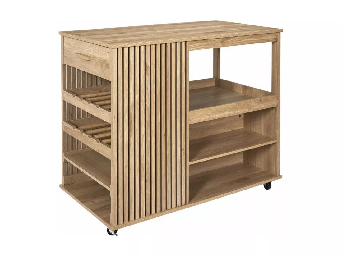 PAJAN - Ilot de Cuisine Multi-Rangement Effet Bois avec Tasseaux
