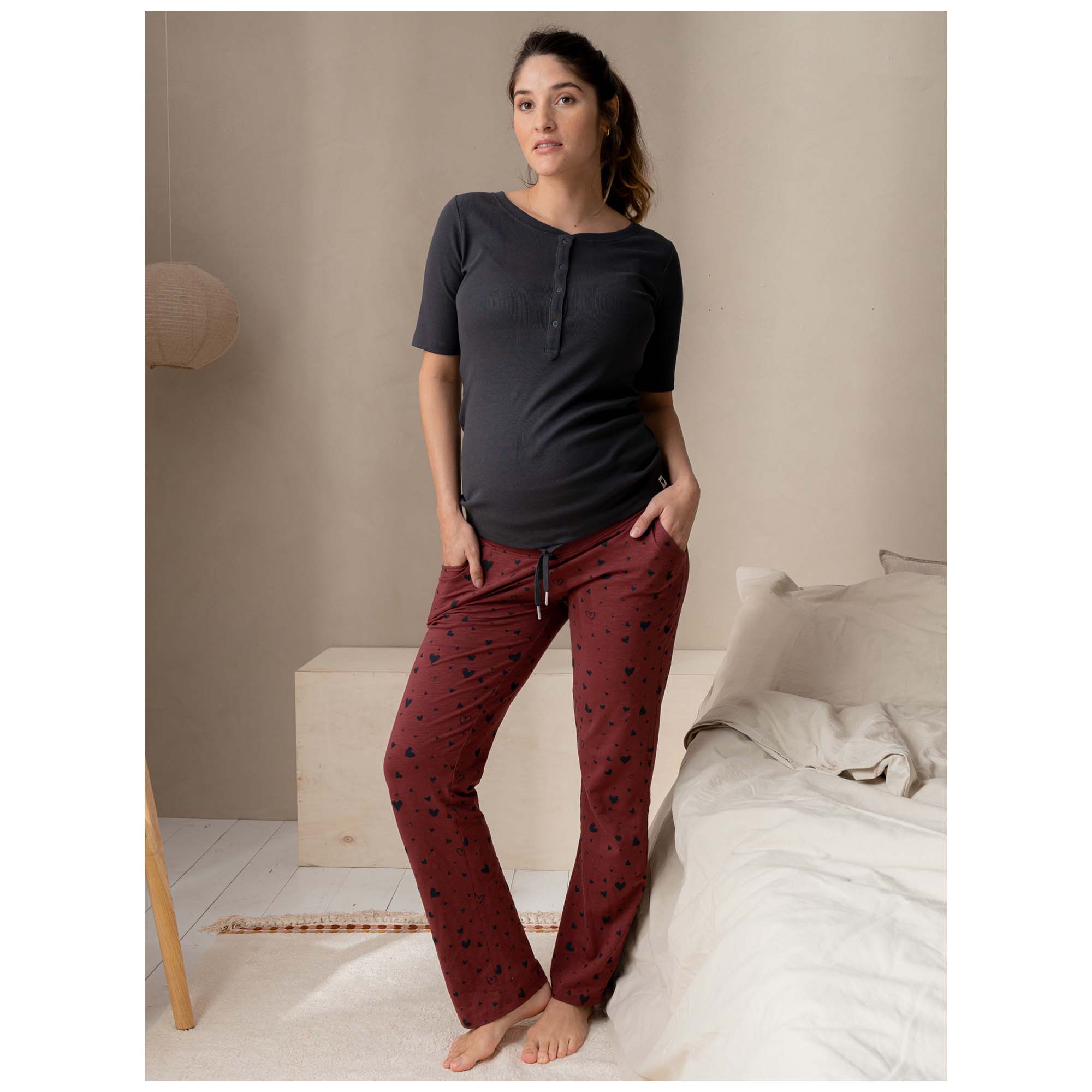 Prénatal zwangerschapspyjama T-shirt lange mouwen effen grijs