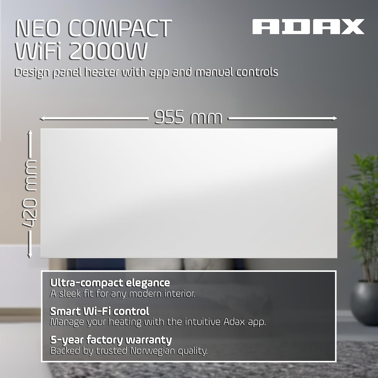 Adax Neo Compact - Intelligente Wifi Elektroheizkörper - 2000W, Weiß | Elektroheizung Wandmontage | Wandkonvektor - 420mm | Smartphone-Steuerung | Thermostat mit LCD-Anzeige | Heizung Elektrisch