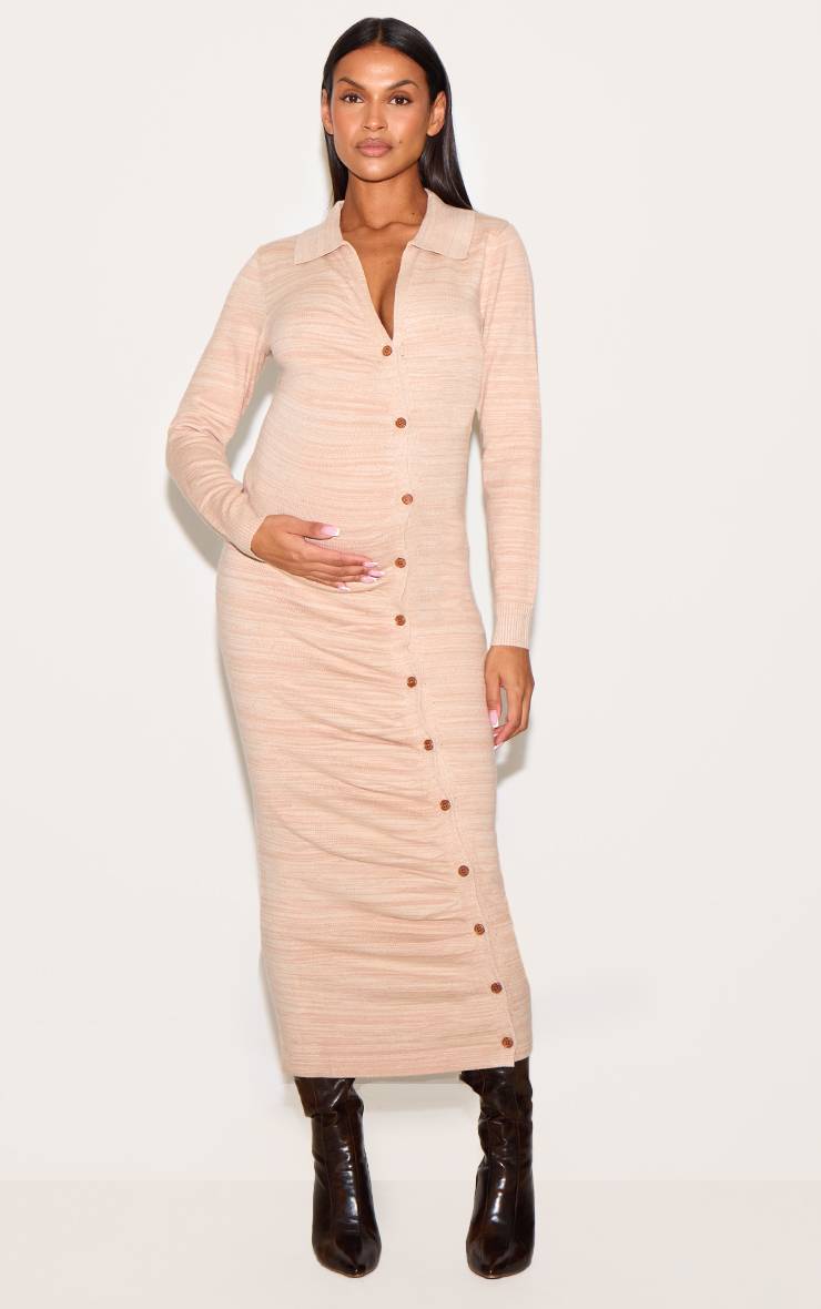 Gris Pierre Robe Midi De Maternité En Maille Avec Boutons Asymétriques Et Fronces Pour Le Ventre