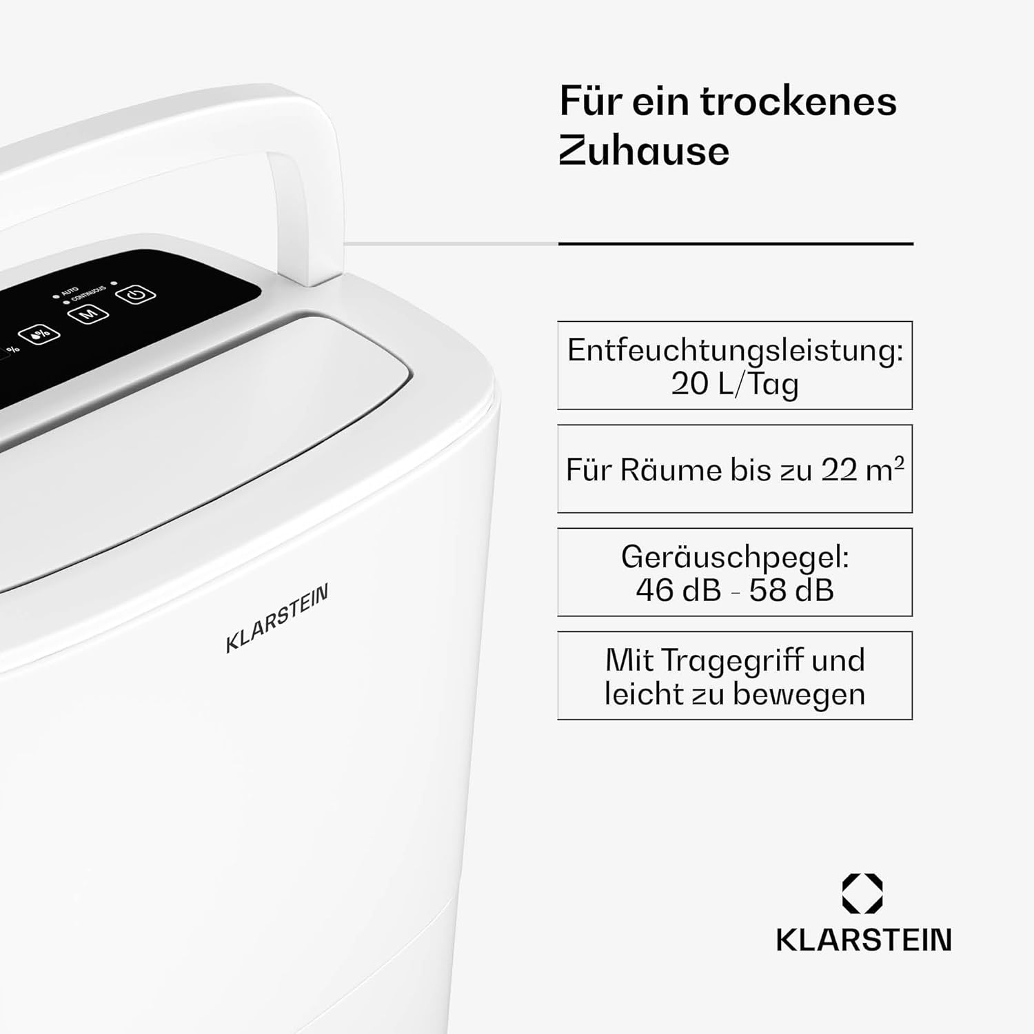 Klarstein DryFy 20L Luftentfeuchter - 400W, 20L/Tag, 5L Tank, 46dB Leise, Auto-Swing, Timer, Wäschetrocknungsmodus, für Zuhause & Büro, Entfeuchter Elektrisch, Raumentfeuchter
