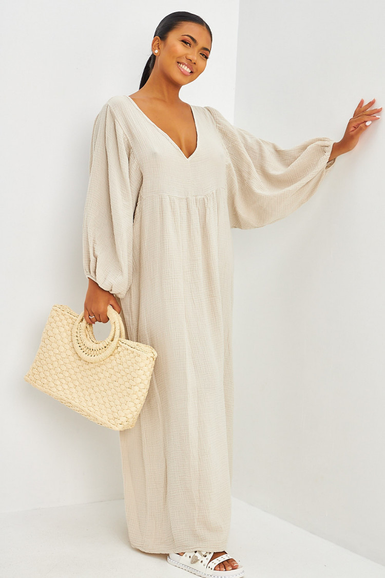 Robe longue ample en gaze de coton beige