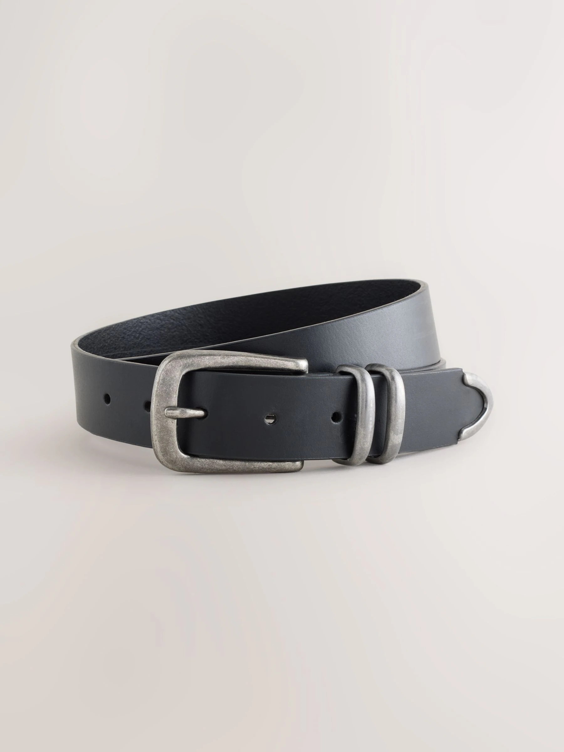 Zwart - Leather Belt With Double Metal Keeper And Tip Detail