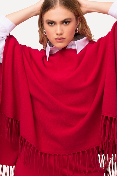 Strickponcho, Oversized, Fransen, U-Boot-Ausschnitt