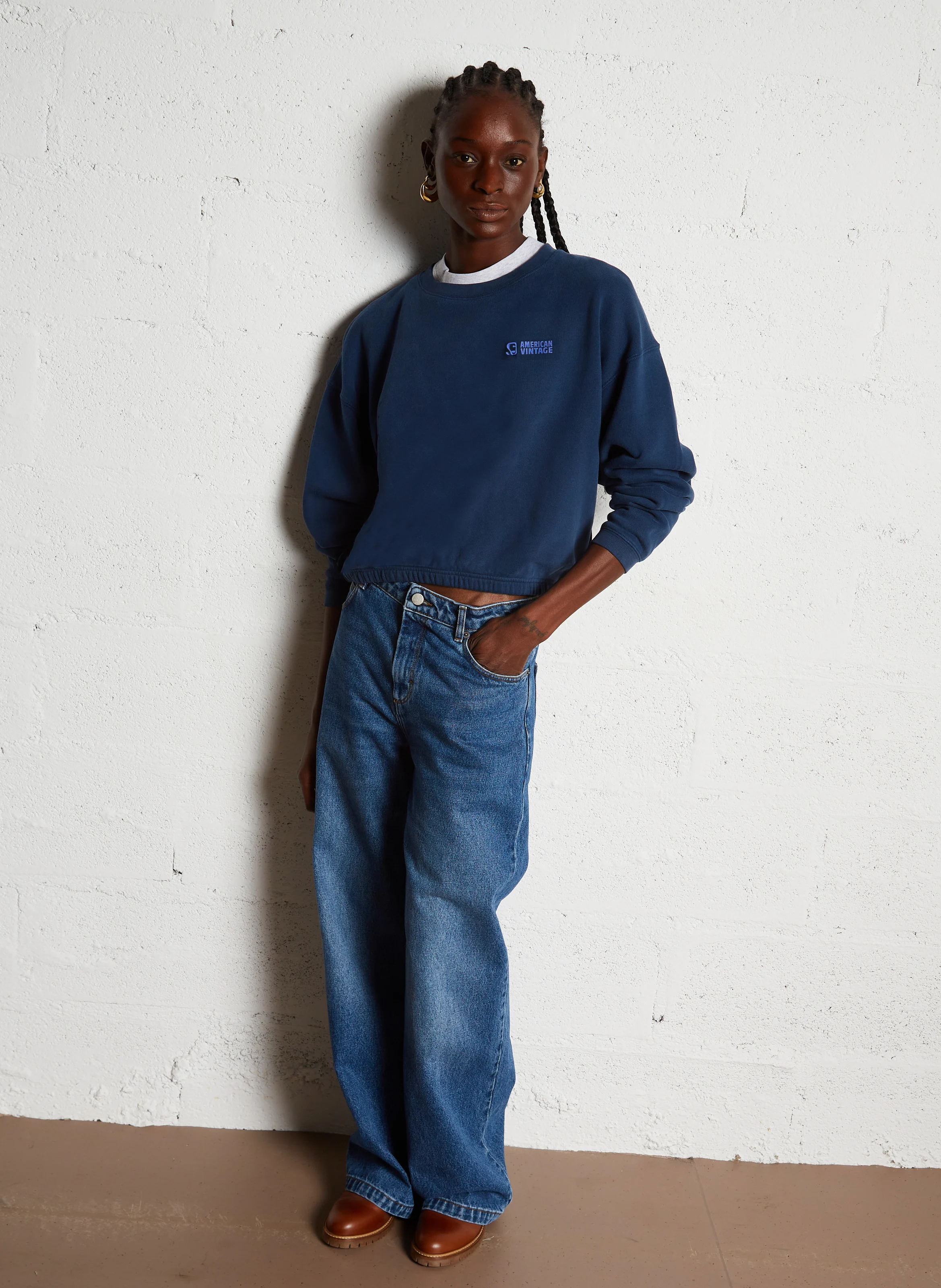 IZUBIRD - Sweat court col rond en coton mélangé| Bleu
