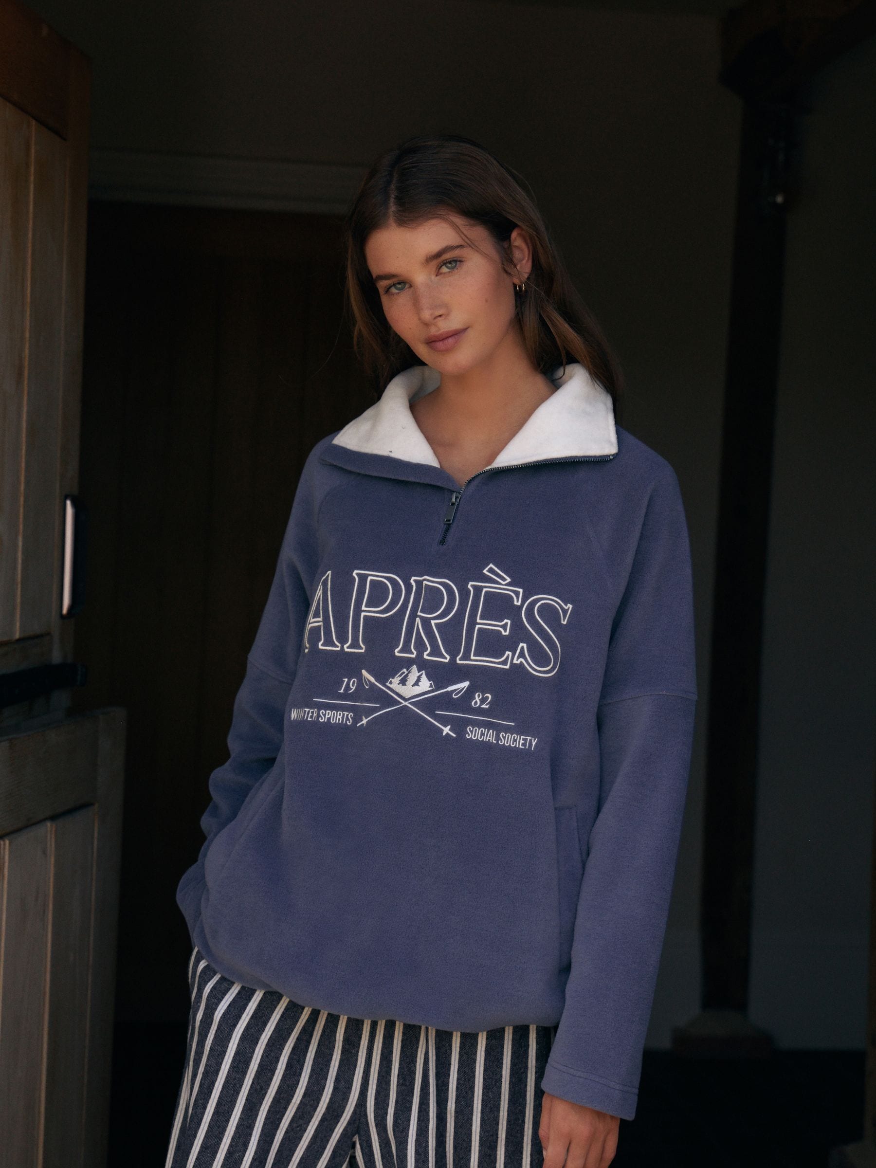 Blauwe Apres - Fleece trui met korte rits