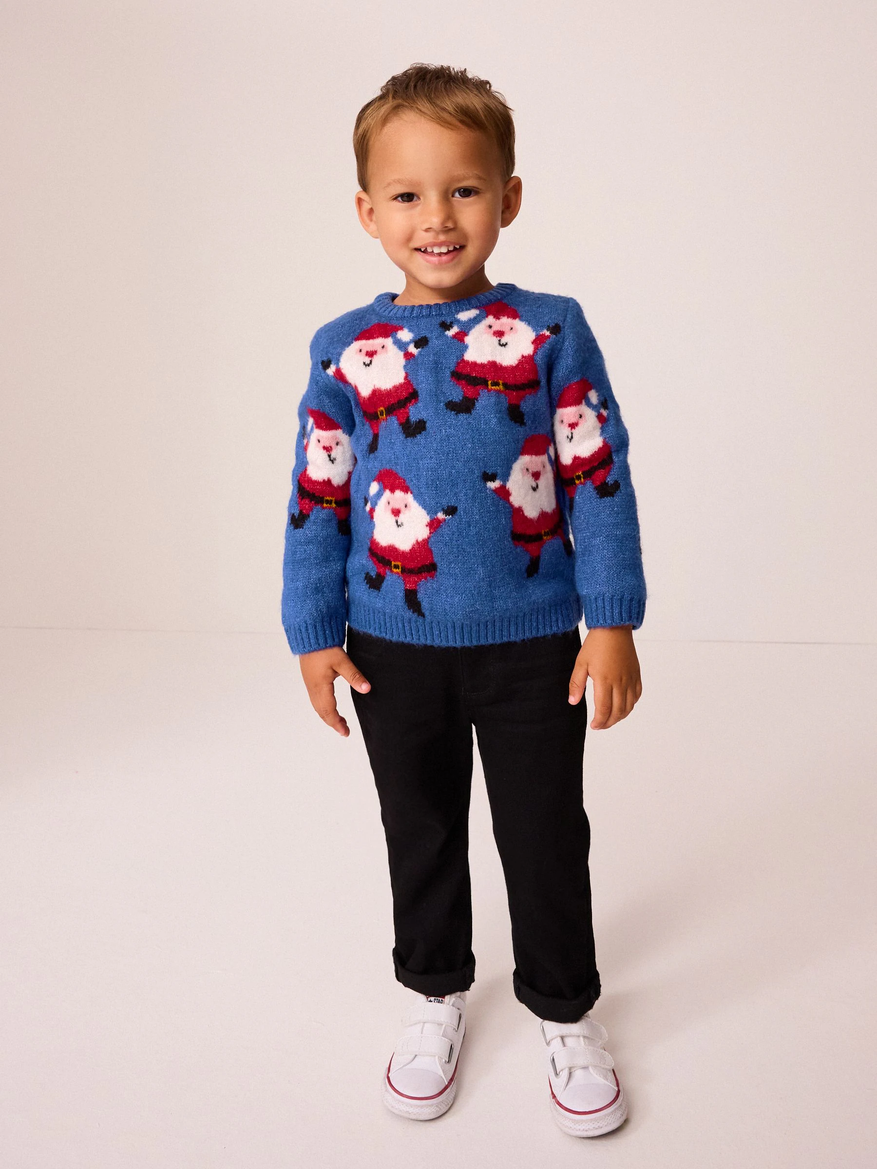 Blauw met kerstman - Kersttrui met ronde hals (3 mnd - 7 jr)