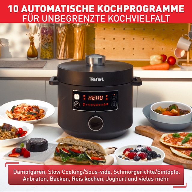 Tefal Multikocher »Turbo Cuisine inkl. Dampfgareinsatz, Messbecher, Reislöffel und Kelle« elektr. Schnellkochtopf, 10 aut. Programme, 1-Knopf-Bedienung, CY7548