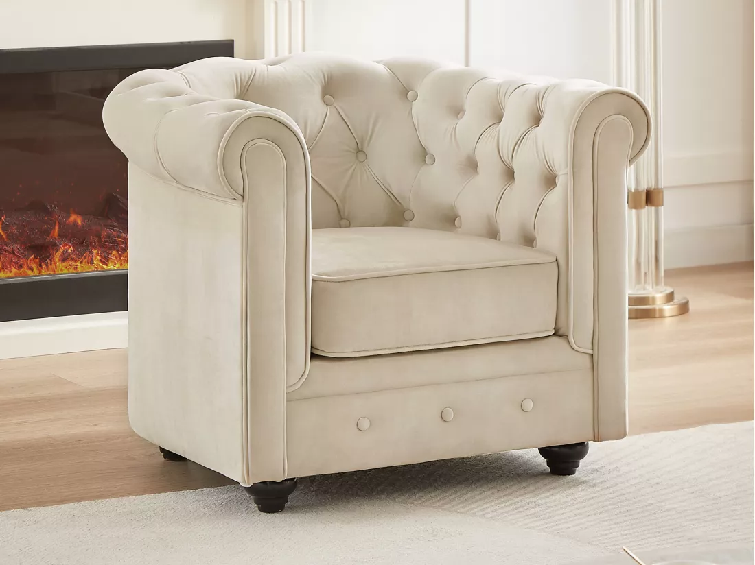 Canapé 3 places et fauteuil en velours beige CHESTERFIELD