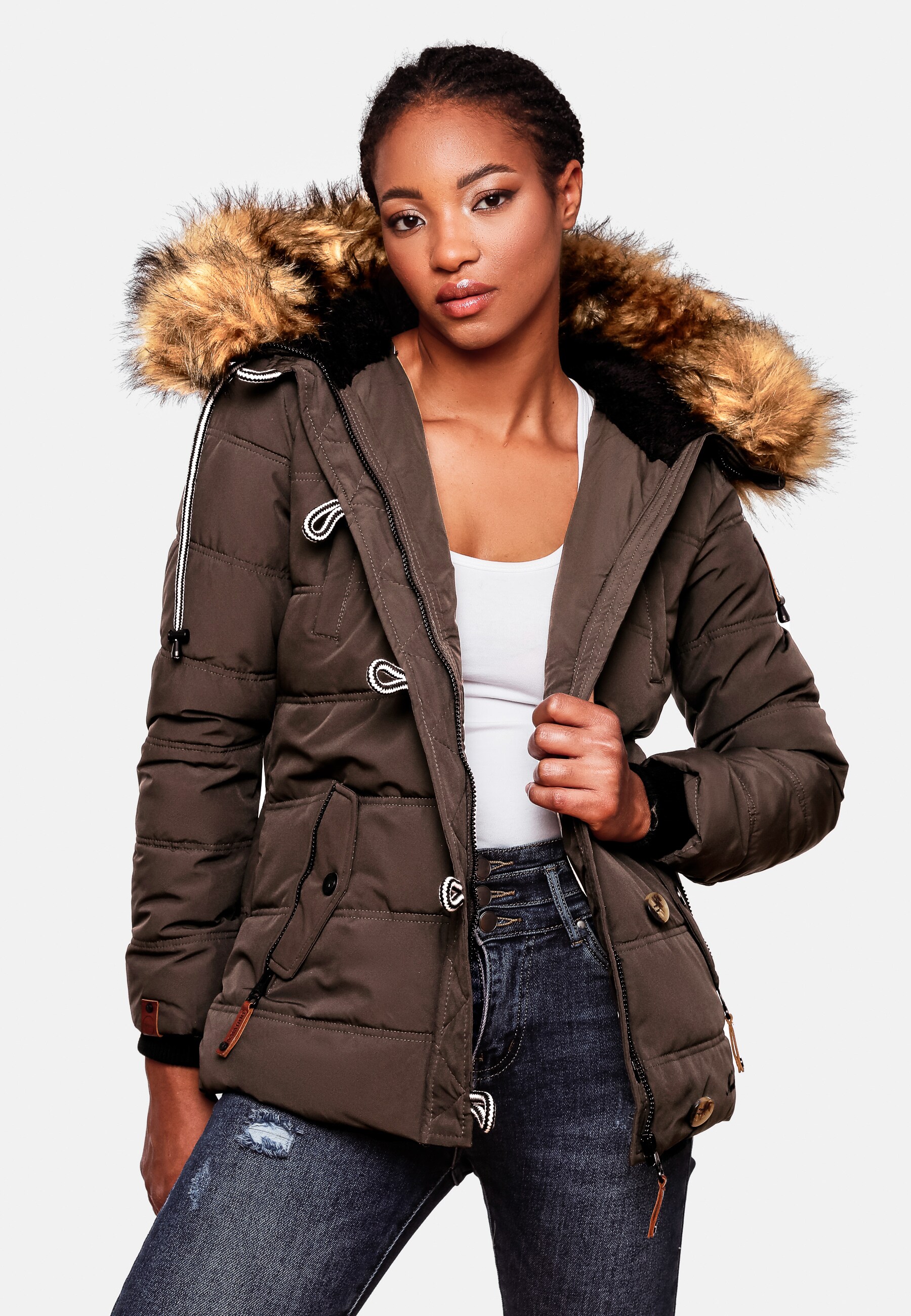 NAVAHOO Damen Stylische Winterjacke Steppjacke mit Kunstpelz Kapuze Zoja
