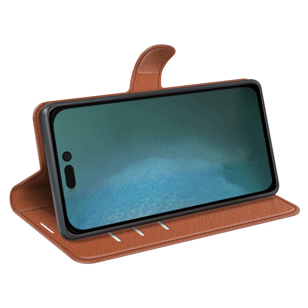 iPhone 14 Pro Leder Tasche Flip Cover Litchi Look - Braun