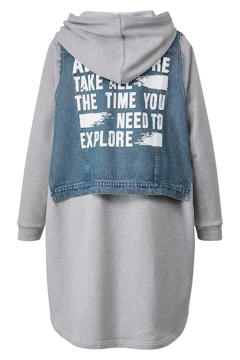 Long-Sweatjacke, oversized, Rücken-Jeansbesatz mit Print, Doppelzipper