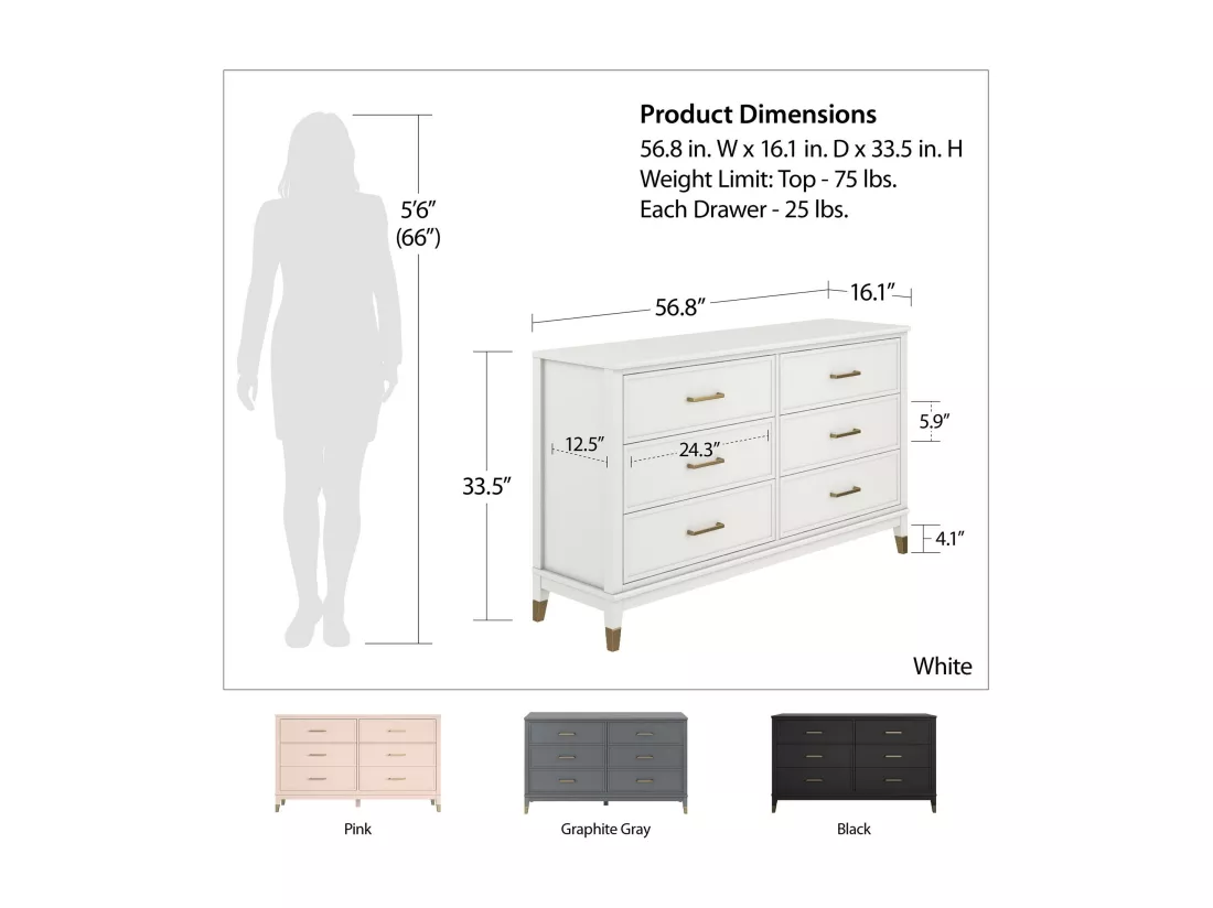 Westerleigh | Commode à 6 tiroirs en MDF blanc