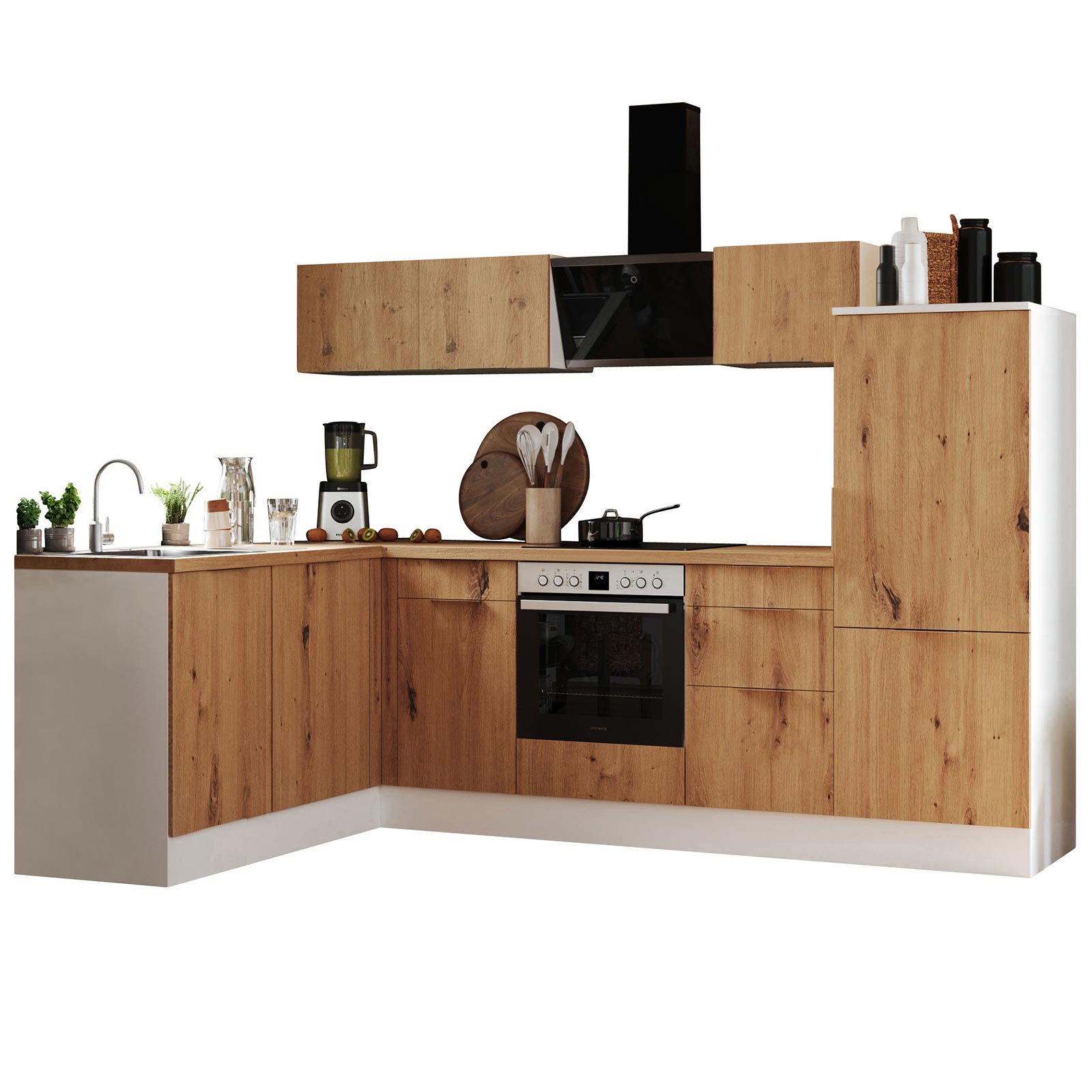 RESPEKTA Winkelküche - Artisan Eiche - weiß matt - mit E-Geräten - 280x175 cm