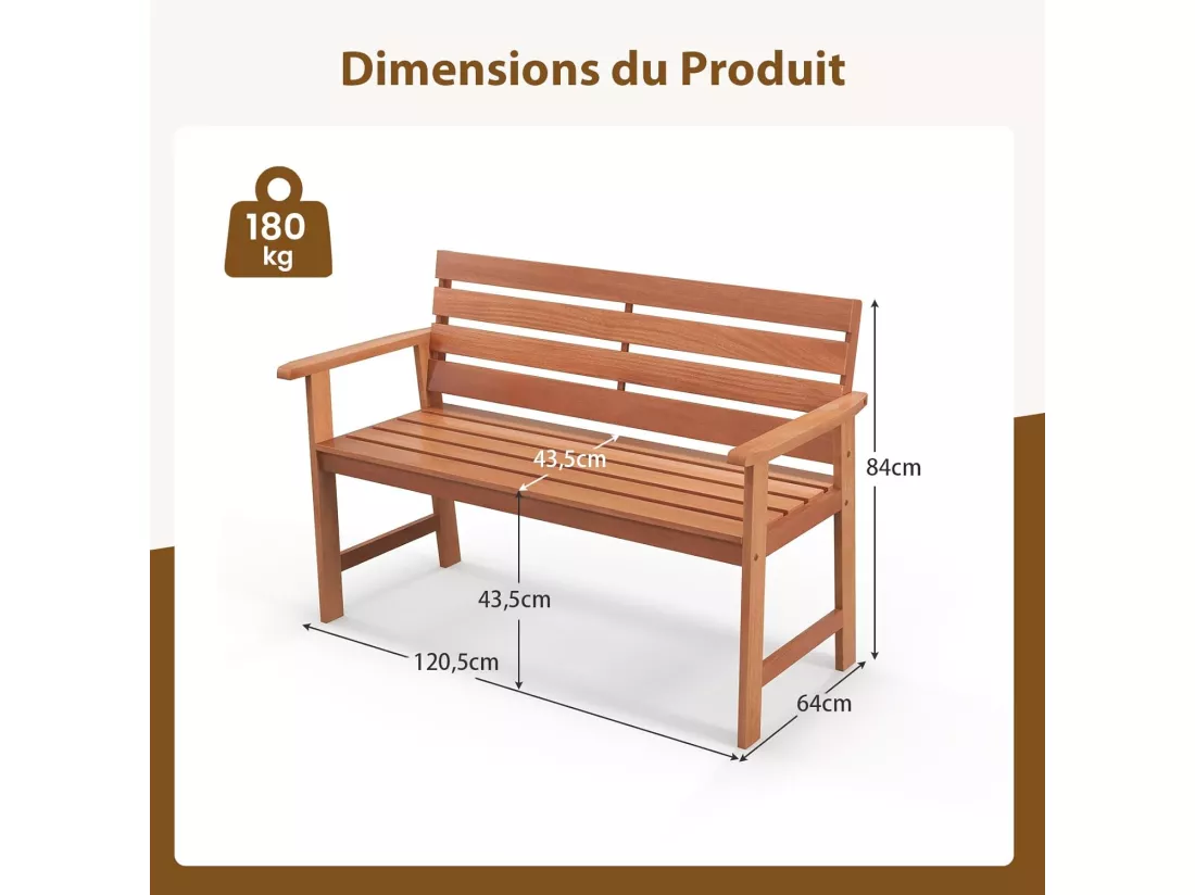 Banc de Jardin en Bois Massif, Banc d'Extérieur à 2 Places avec Accoudoirs, Siège à Lattes pour Parc, Porche, Cour, Charge 180 KG, 120,5 x 64 x 84 CM (L x l x H), Naturel