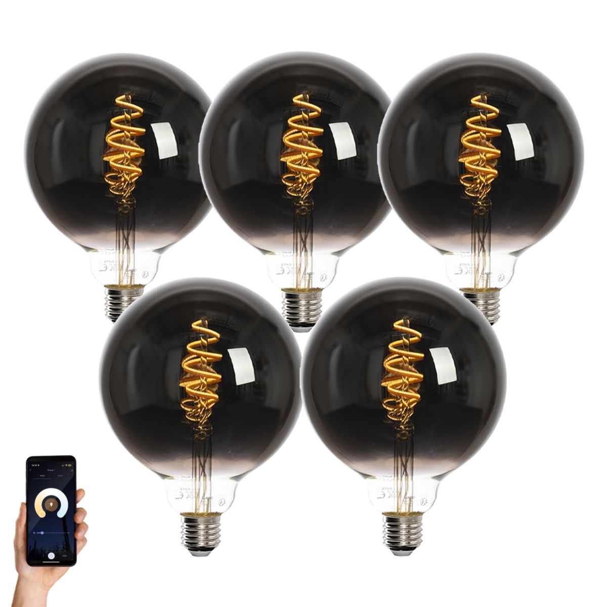 Set van 5 Smart E27 LED lamp G125 zwart 4W 60 lm 1800-3000K