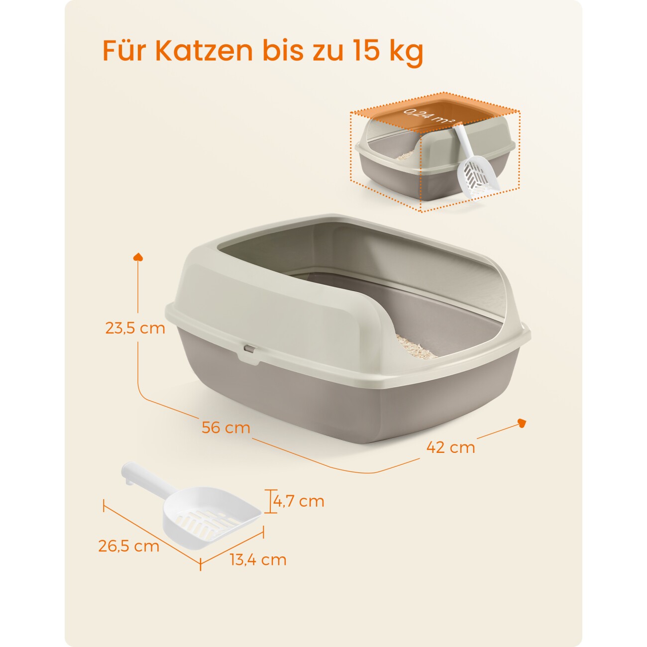 FEANDREA Katzenklo mit hohen Seitenwänden, offene Katzentoilette, mit Schaufel