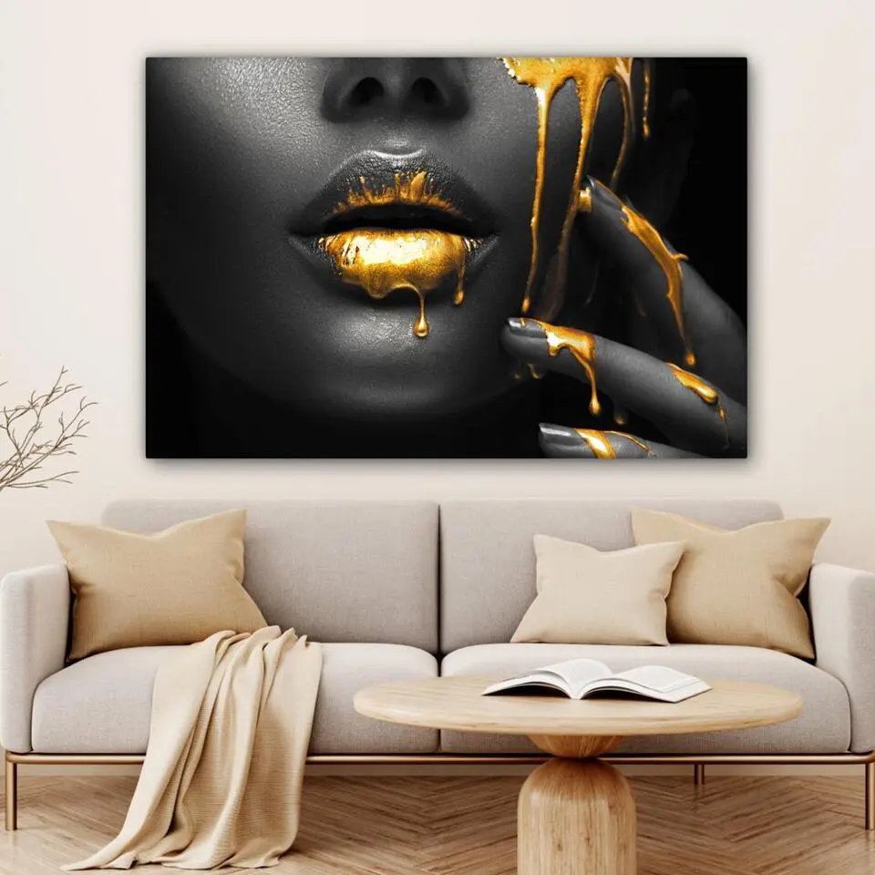 MuchoWow Canvas Schilderij 120x80cm Vrouw Zwart Goud Gezicht