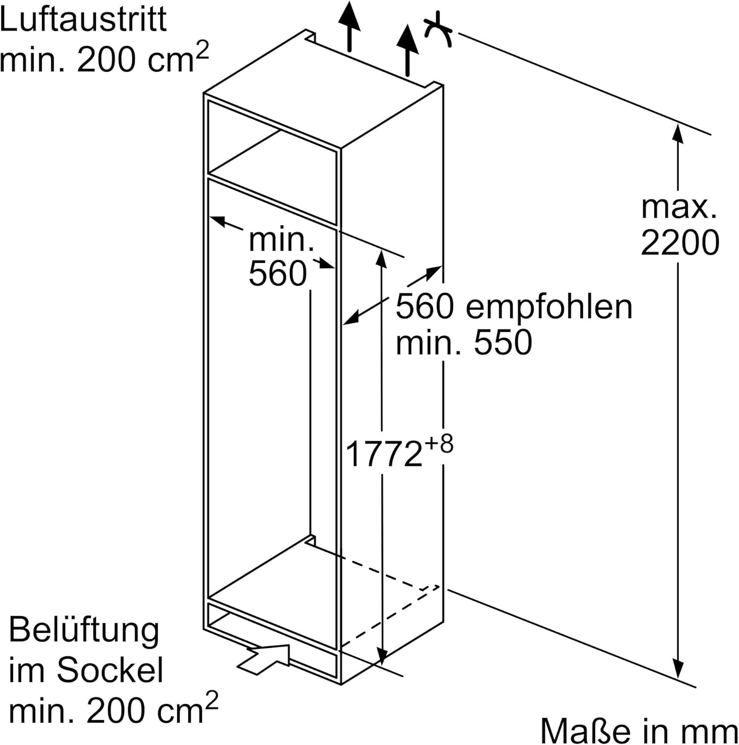 Siemens KI82LNSE0 iQ100, Einbau-Kühlschrank mit Gefrierfach, 177,5 x 56 cm Nische, 246 L Kühlen & 34 L Gefrieren, Made in Germany, schnell Kühlen, freshBox für Obst und Gemüse, Leise, Schleppscharnier