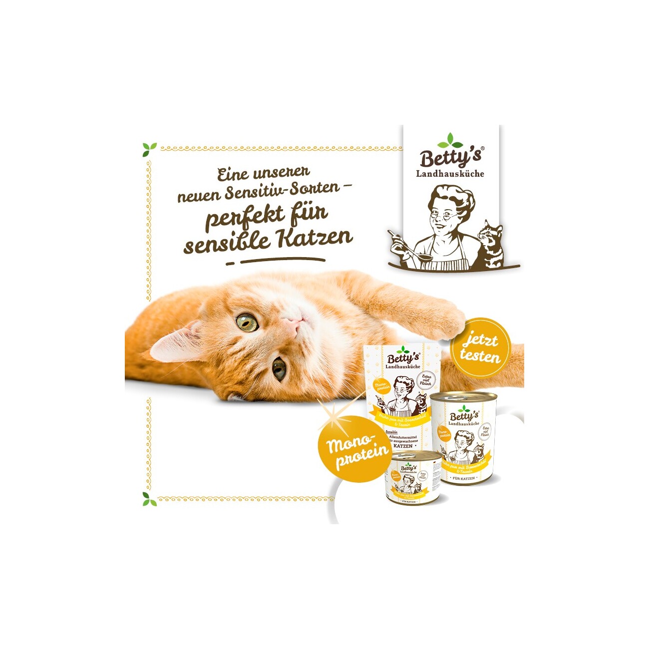 Betty's Landhausküche Frischebeutel Huhn Pur mit Borretschöl 12x 100g für Katze