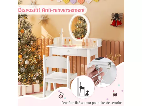 2 en 1 Coiffeuse Enfants avec Tabouret & Miroir Amovible, Table de Maquillage avec Tiroir & Organisateur en Forme Arbre, Dispositif Anti-basculement, Charge 50kg pour Enfants de 3-8 Ans