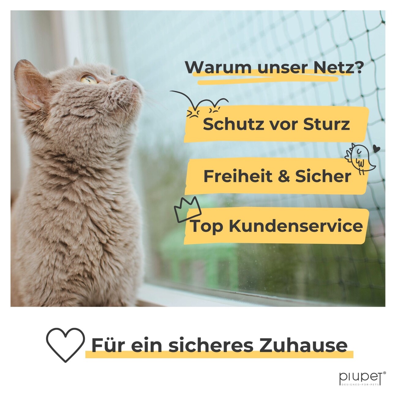 PIUPET Katzennetz drahtverstärkt schwarz 4 m, 3 m