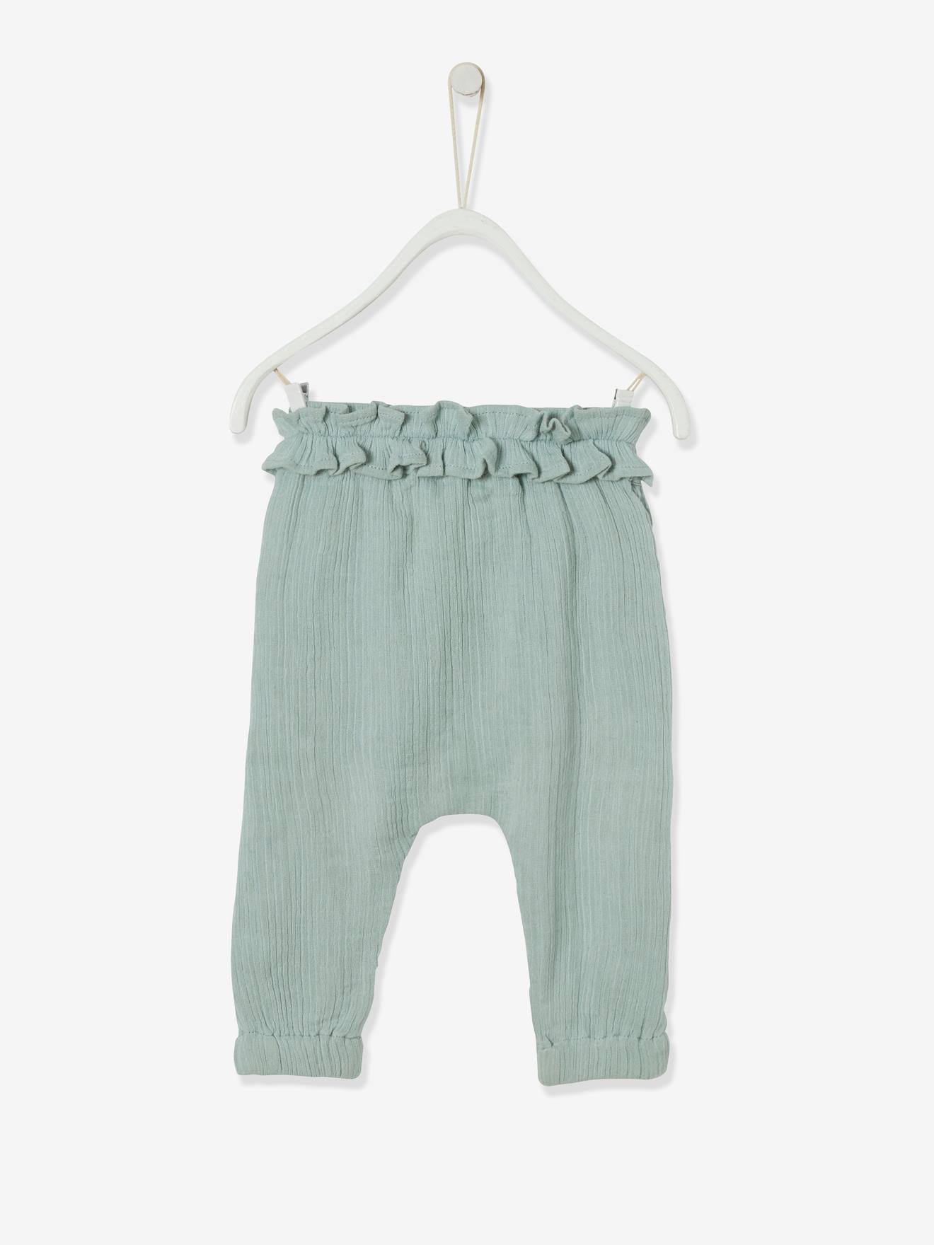 Calça lisa verde-média com elástico na cintura para bebê menina