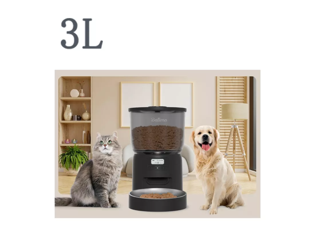 Balimo 3L Distributeur de Croquettes Noir pour Chat/Chien, ,Minuterie Programmable/Fonction Enregistrement,avec Bol en Inox,Jusqu'à 6 Repas/Jour