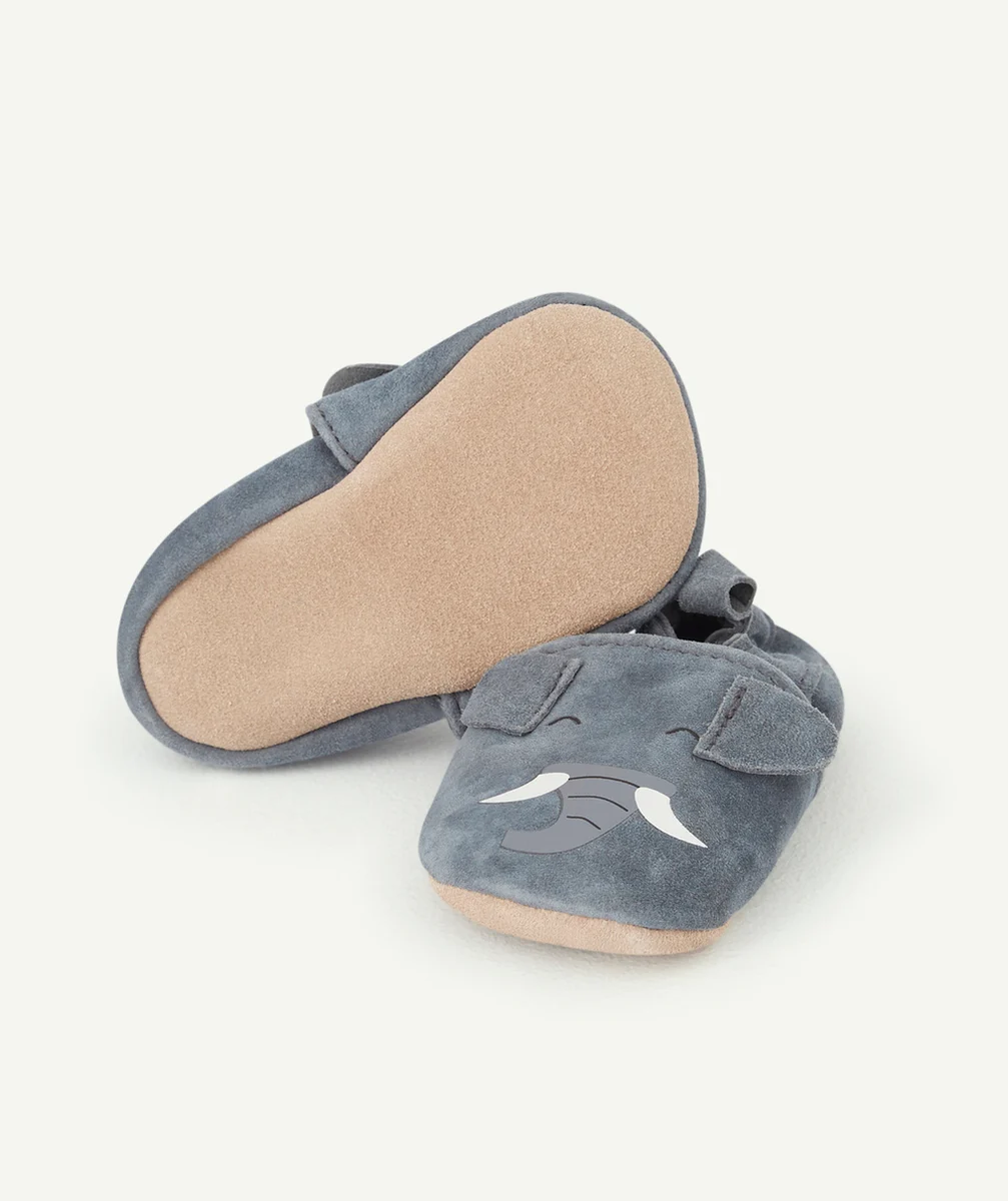 CHAUSSONS BLEUS EN CUIR MOTIFS ÉLÉPHANT BÉBÉ GARÇON